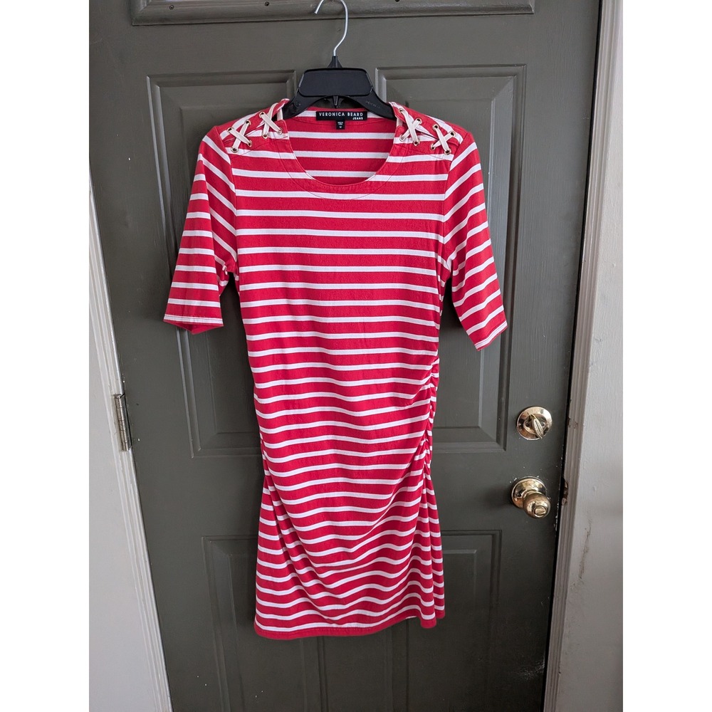 Veronica‎ Beard Foley Ruched Stripe T-shirt Dress Red White Nautical Size M